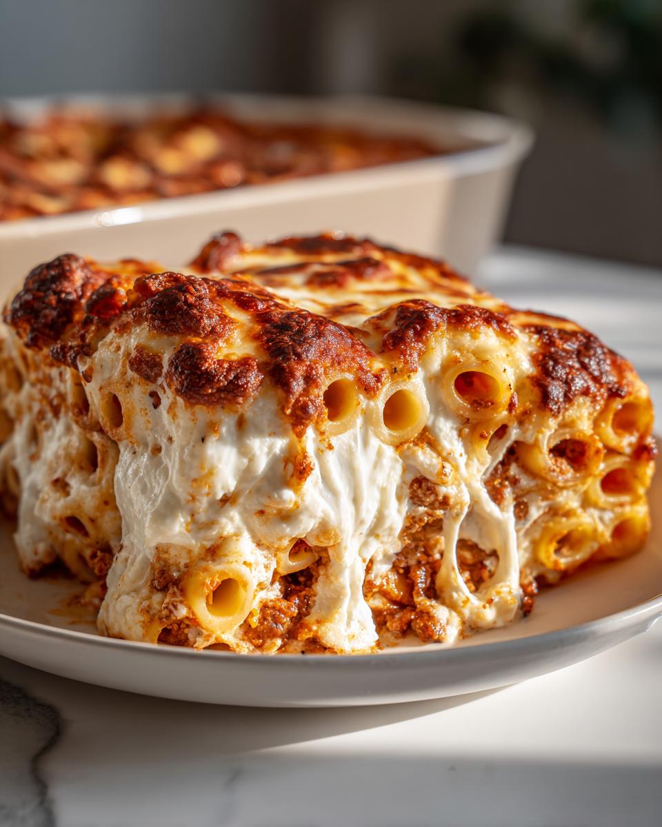 A generous slice of baked ziti overflowing with melted, browned cheese and meat sauce.