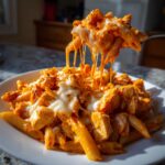 A fork lifts a cheesy portion of buffalo chicken pasta, showing long cheese pulls over the main dish.