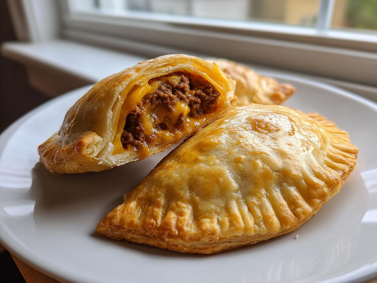 Close-up of golden baked cheesy cheeseburger pockets, one cut open showing melted cheese and ground beef filling.