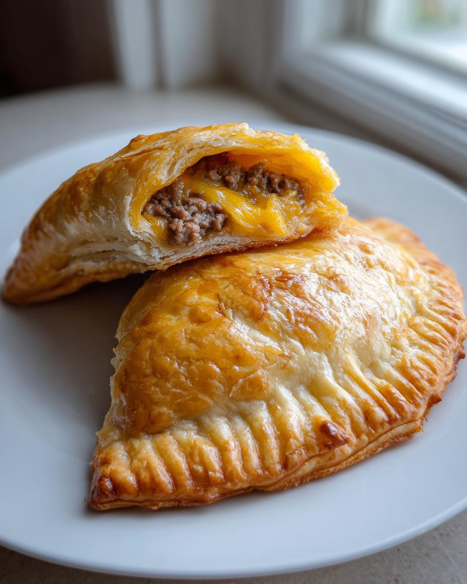 Two golden, flaky cheesy cheeseburger pockets on a white plate, one cut open revealing ground beef and melted cheese.