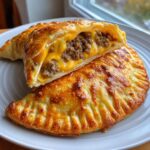 Two golden-brown cheesy cheeseburger pockets on a white plate, one cut open revealing ground beef and melted cheese.