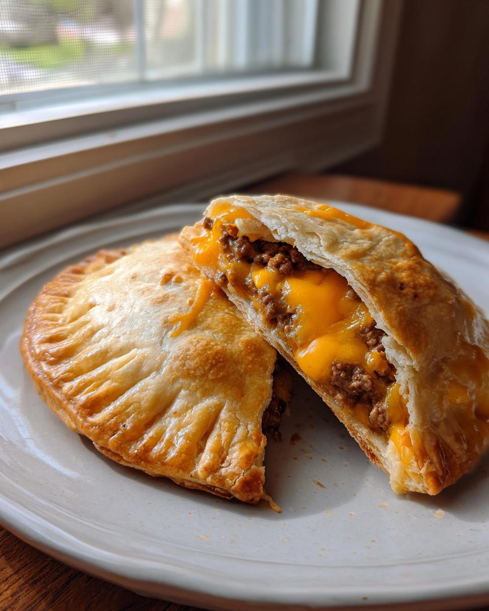 Close-up of cheesy cheeseburger pockets cut in half, showing melted cheese and seasoned ground beef filling.