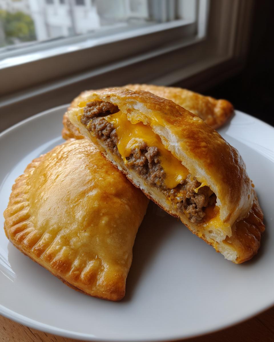 Close-up of golden baked cheesy cheeseburger pockets, one cut open to show ground beef and melted cheese filling.