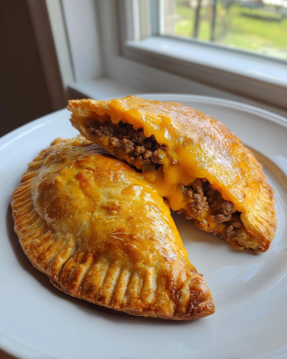 Two golden brown cheesy cheeseburger pockets on a white plate, one cut open revealing ground beef and melted cheese.