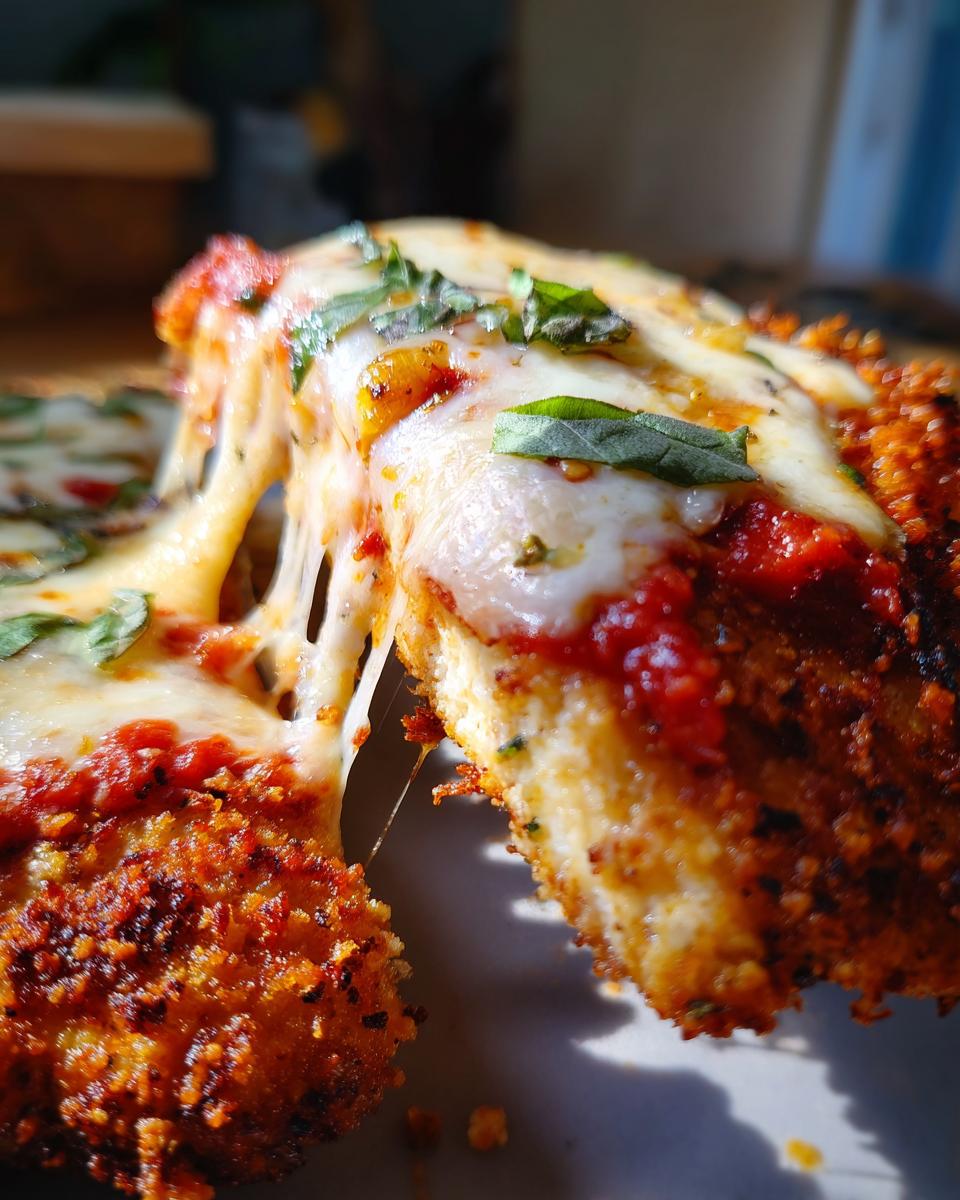 Extreme close-up of a piece of chicken parmesan recipe showing melted, stretching mozzarella cheese and crispy breading.