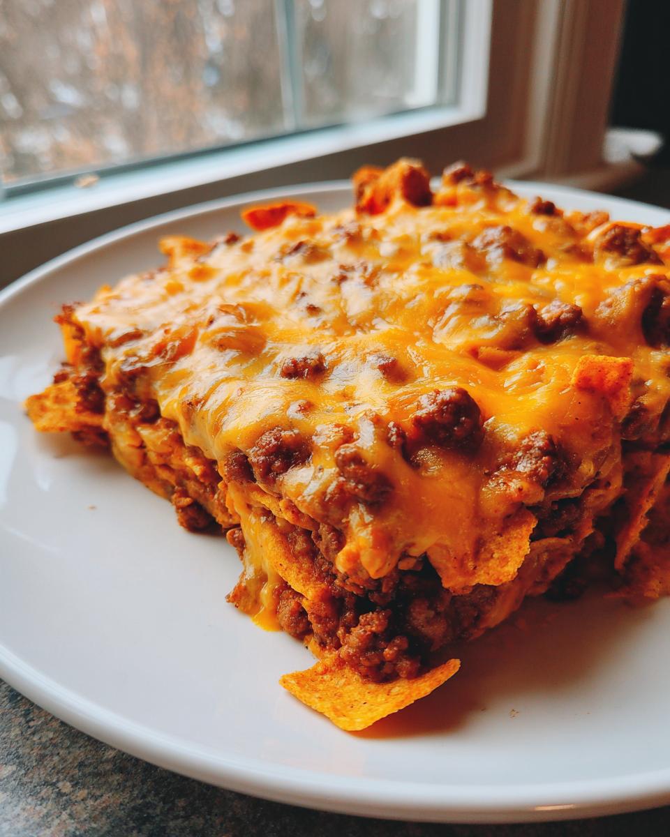 A hearty slice of baked Frito pie casserole topped with melted cheddar cheese and seasoned ground beef.