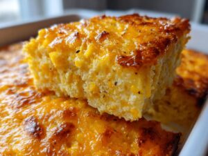 A close-up view of a thick, moist slice of jiffy corn casserole topped with melted, golden-brown cheese.