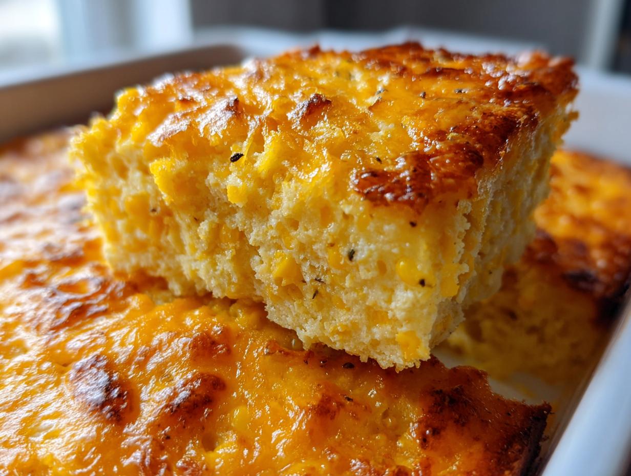 A close-up view of a thick, moist slice of jiffy corn casserole topped with melted, golden-brown cheese.