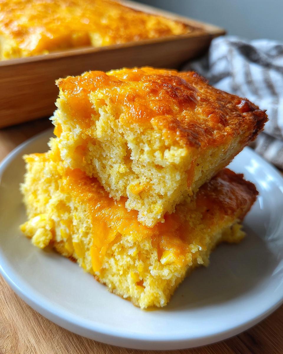 Two squares of moist Jiffy corn casserole topped with melted cheddar cheese stacked on a white plate.