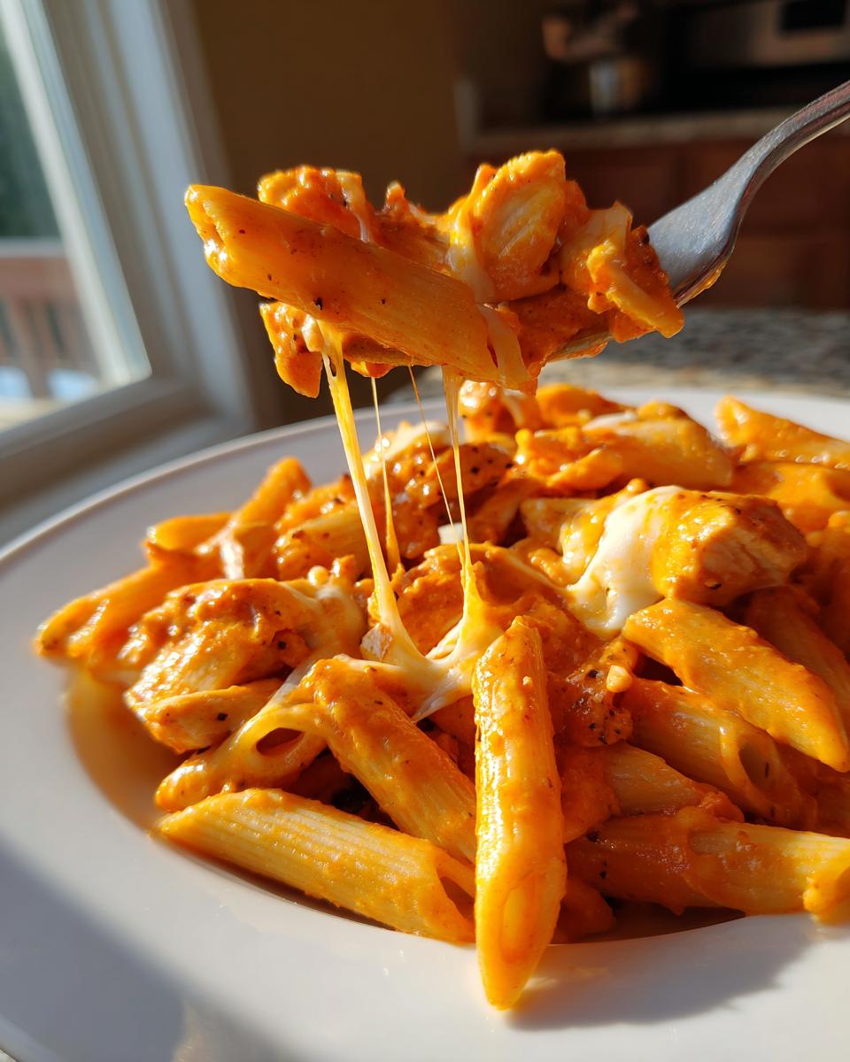 A fork lifts penne pasta coated in orange sauce, showing a dramatic cheese pull from the buffalo chicken pasta.