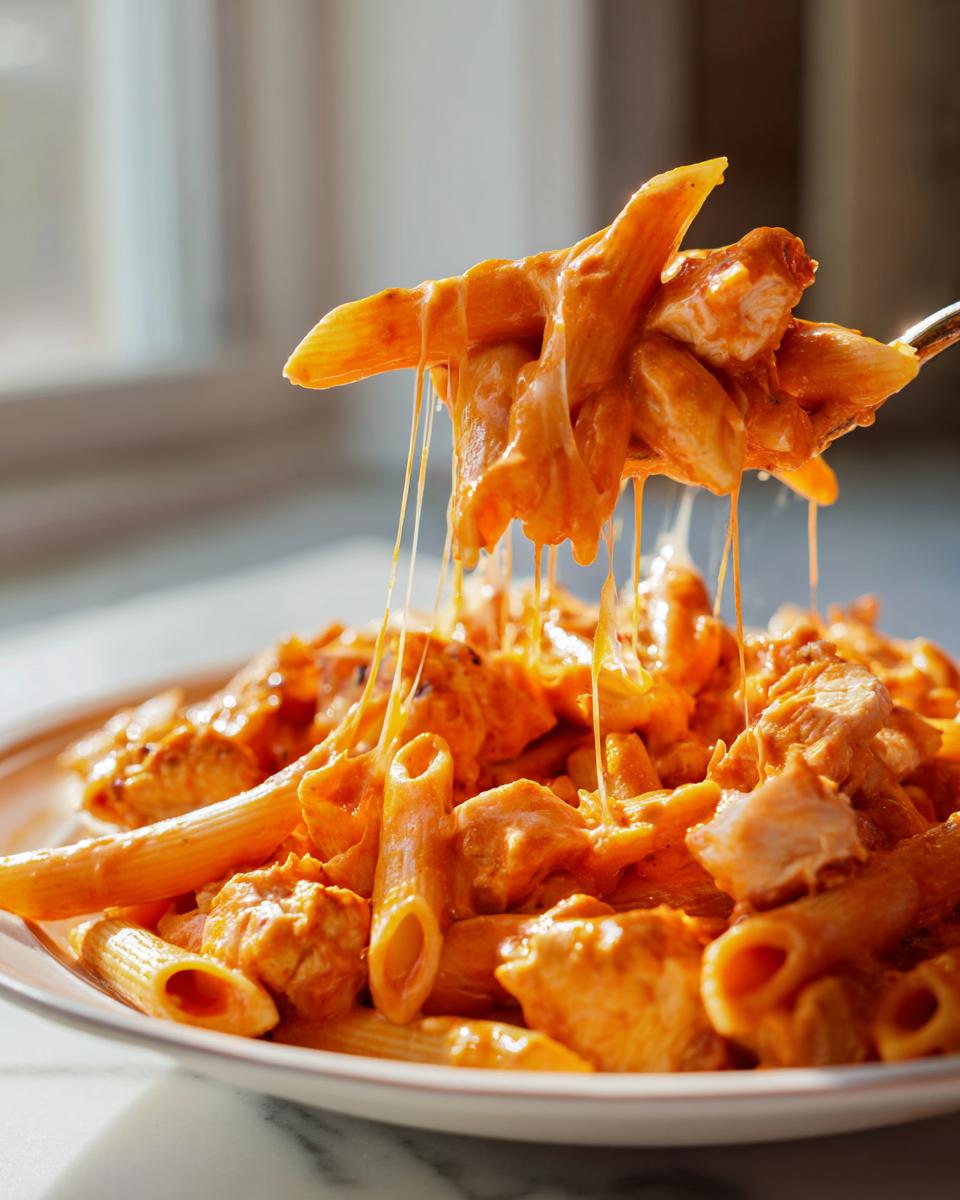Fork lifting penne pasta covered in creamy orange sauce and chicken, showing a dramatic cheese pull in buffalo chicken pasta.