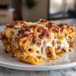 A close-up of a baked portion of cheesy ziti with a dramatic cheese pull, topped with rich meat sauce.