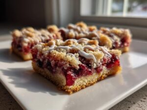 Close-up of a square cherry pie bars slice showing the thick cherry filling, crumb topping, and white icing drizzle.