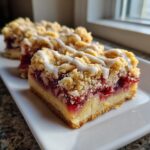 A close-up of a square cherry pie bars slice showing the buttery crust, bright red cherry filling, and crumb topping with white icing drizzle.
