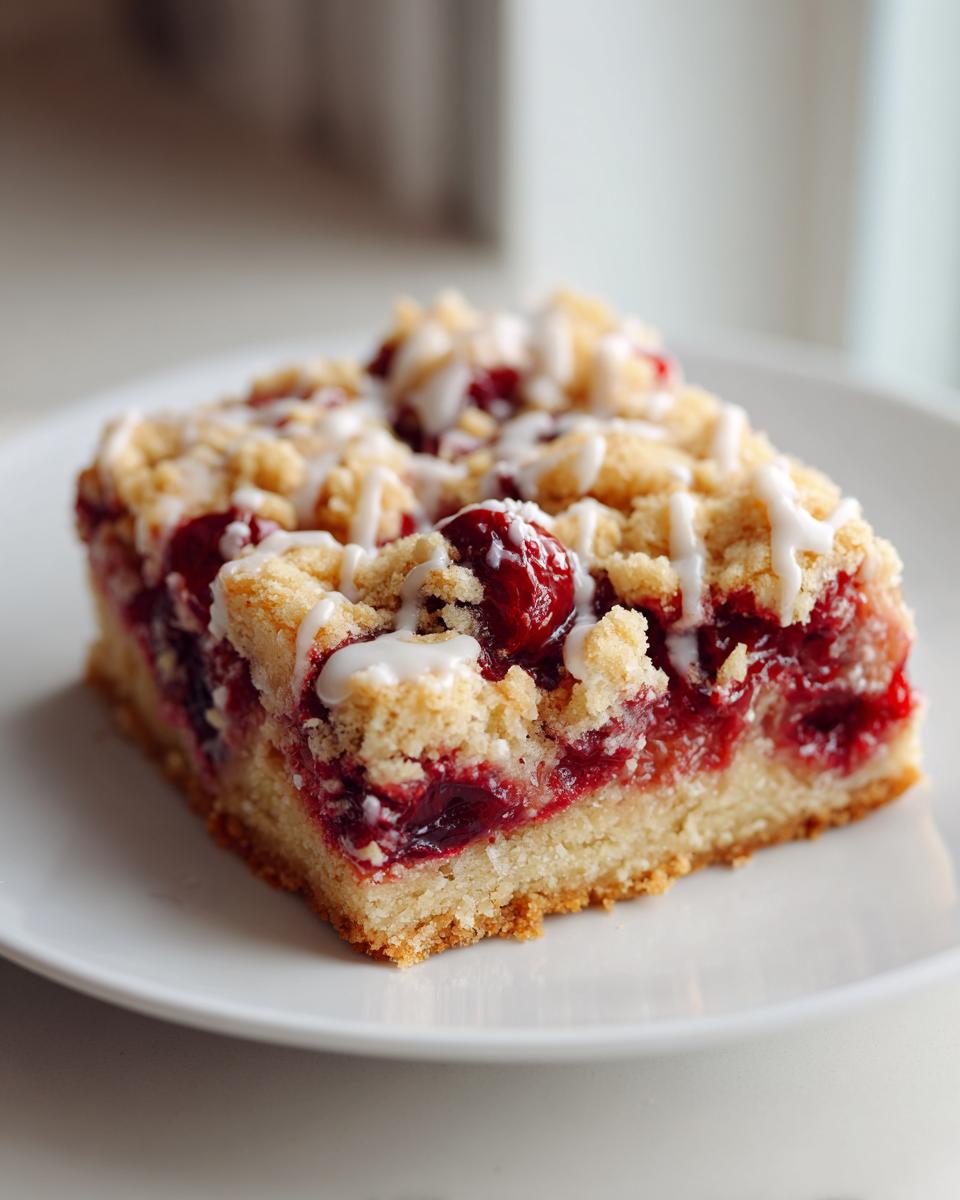 Close-up of a single square of cherry pie bars with a crumb topping and white icing drizzle.