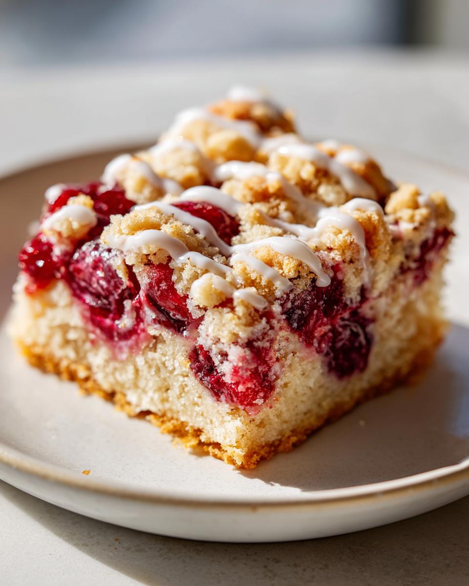 Close-up of a single serving of cherry pie bars featuring a thick layer of bright red cherries, crumble topping, and white icing drizzle.