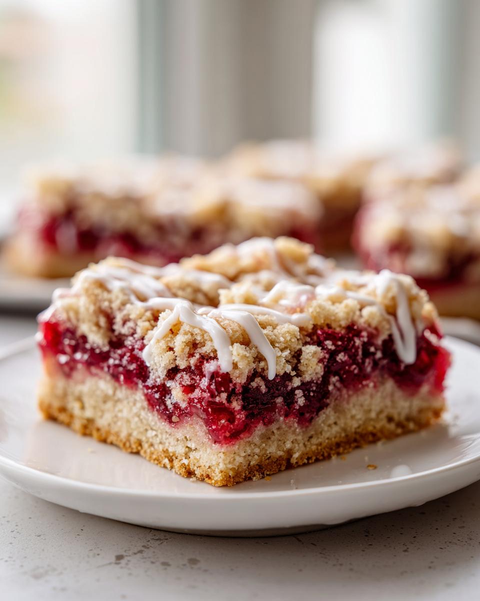 A close-up of a square cherry pie bars slice with a thick cherry filling, crumble topping, and white icing drizzle.