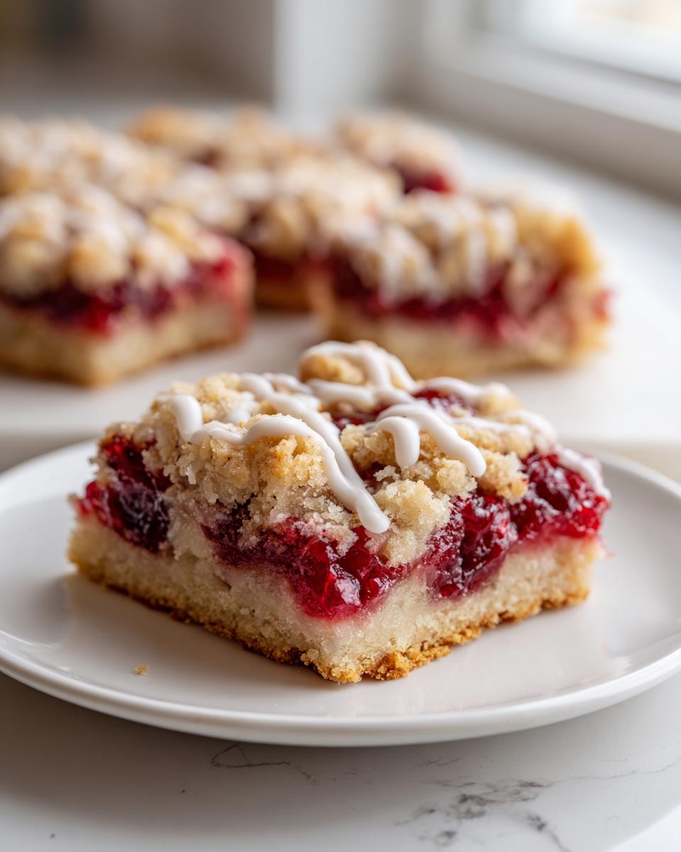 Close-up of a single serving of cherry pie bars with a crumb topping and white icing drizzle.