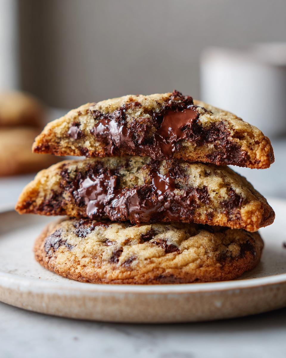 A stack of three chewy chocolate chip cookies, with the top two cut in half revealing molten, gooey chocolate centers.