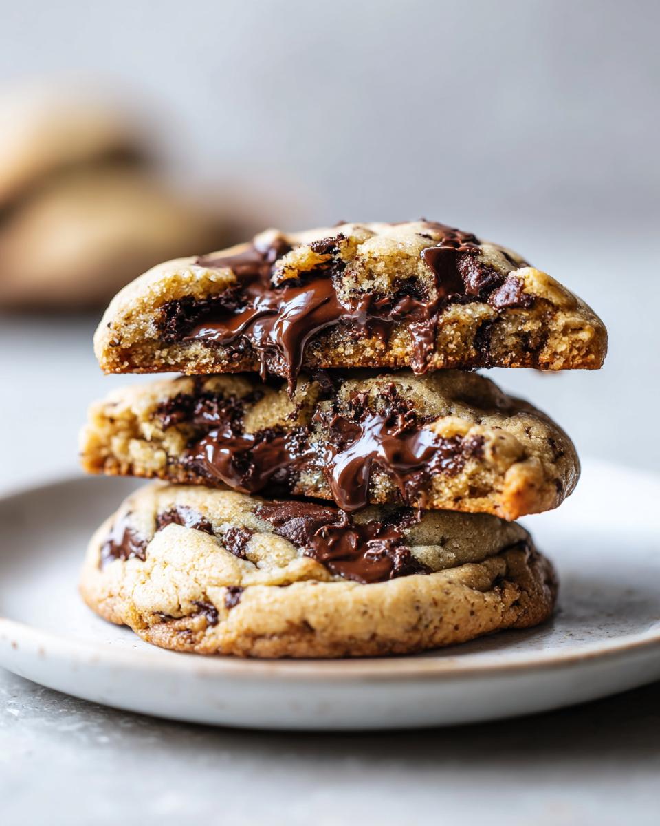 A stack of three chewy chocolate chip cookies, cut in half to show gooey, melted chocolate.