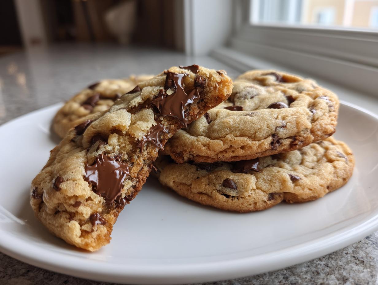 A stack of freshly baked chewy chocolate chip cookies, one broken in half showing melted chocolate.
