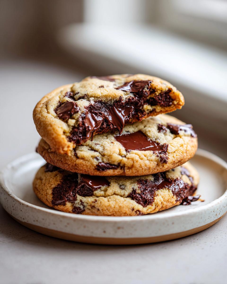 A stack of three gooey, chewy chocolate chip cookies with melted chocolate oozing out.