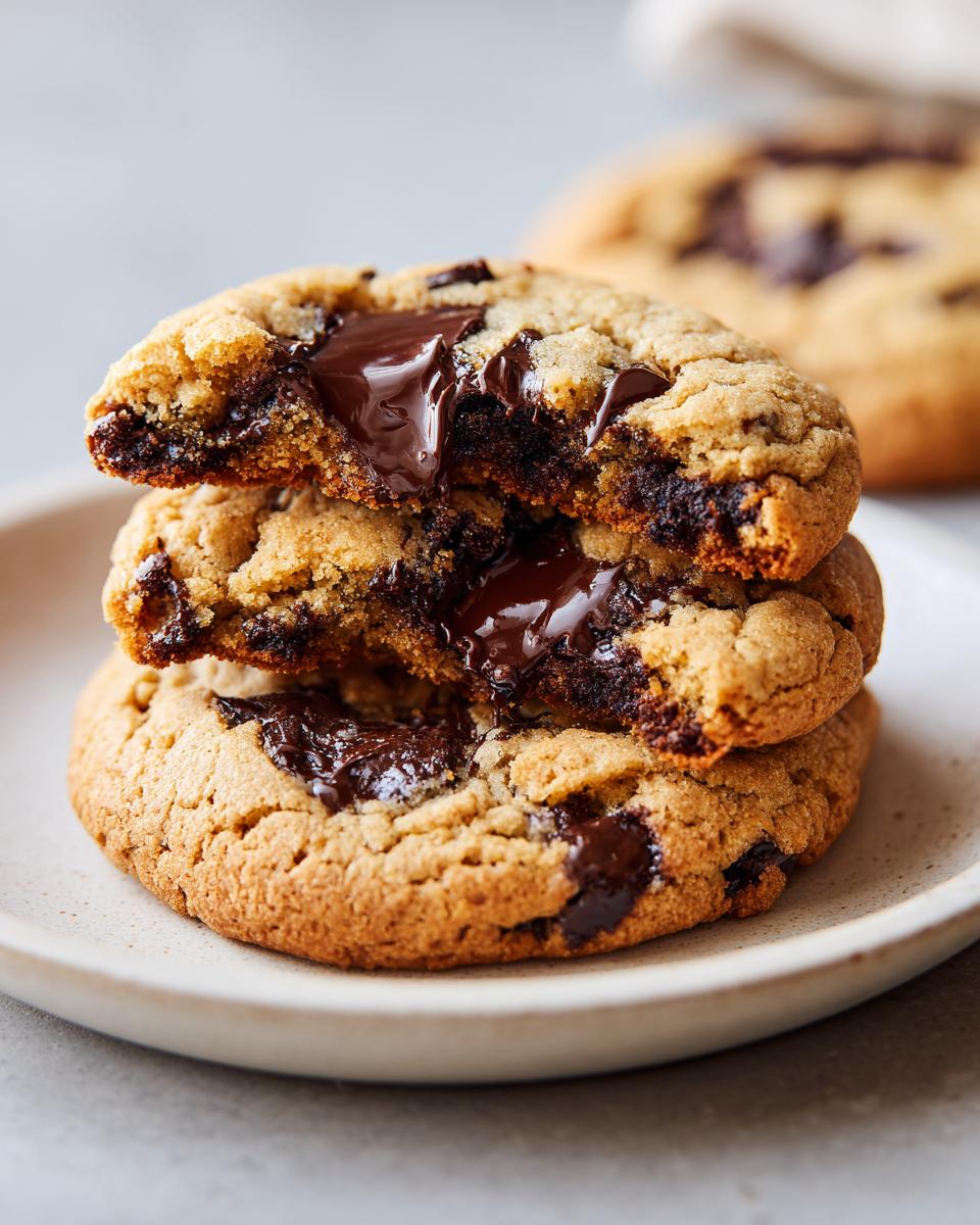 Stack of three chewy chocolate chip cookies, with the top one broken open revealing gooey, melted chocolate.