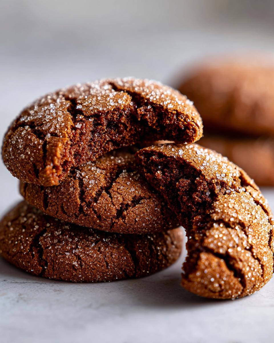 A stack of soft, chewy molasses cookies coated in sparkling sugar, with one cookie broken open to show the rich interior.