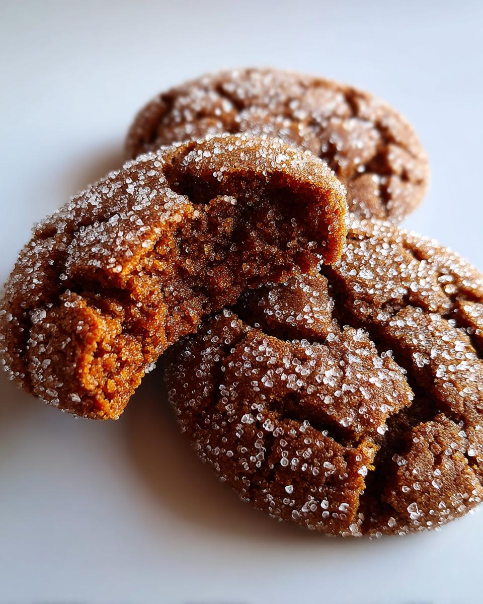 A close-up photo showing a soft, cracked molasses cookie broken in half, revealing the chewy interior, coated in coarse sugar.