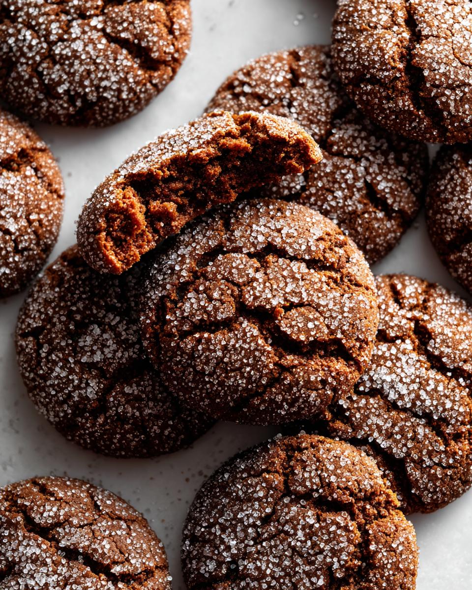 Close-up of soft, dark molasses cookies rolled in sparkling sugar, one cookie broken open.
