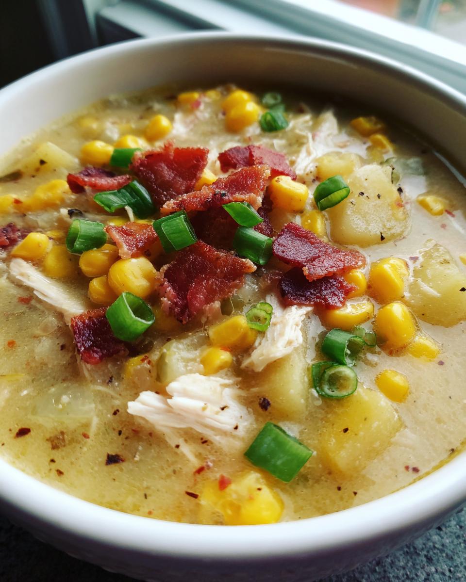 A close-up of rich chicken corn chowder topped with bacon bits and green onions.