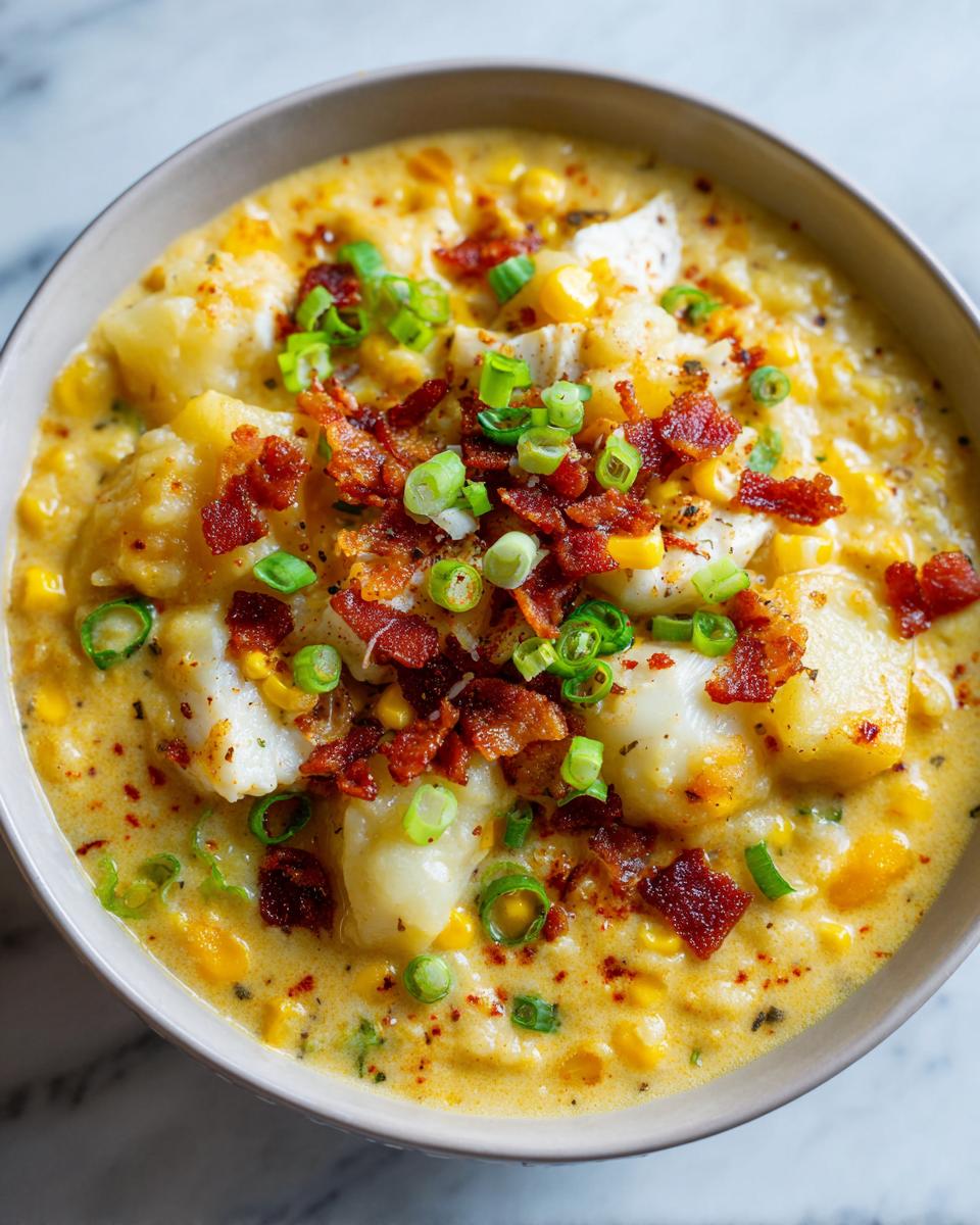 A close-up view of a hearty bowl of creamy chicken corn chowder topped with bacon bits and fresh green onions.