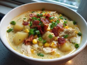 A close-up of a bowl of creamy chicken corn chowder loaded with potatoes, corn, and topped with bacon bits and green onions.