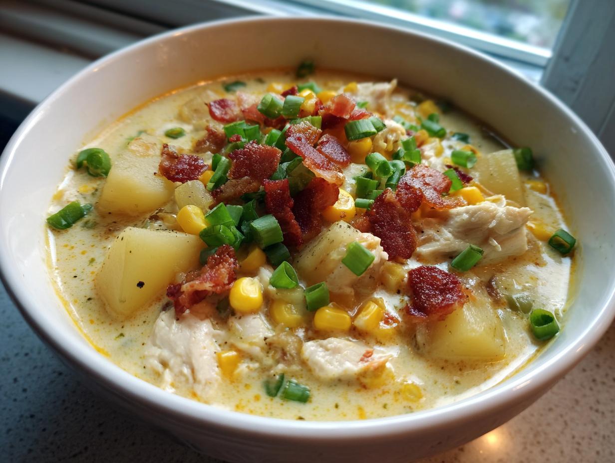 A close-up of a bowl of creamy chicken corn chowder loaded with potatoes, corn, and topped with bacon bits and green onions.