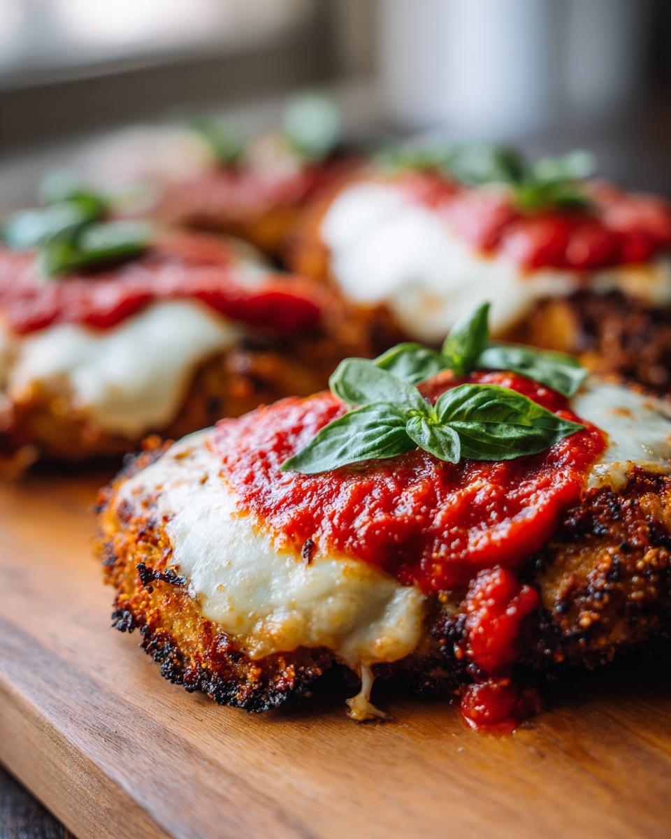 Close-up of crispy chicken parmesan recipe cutlets topped with melted mozzarella, marinara sauce, and fresh basil.