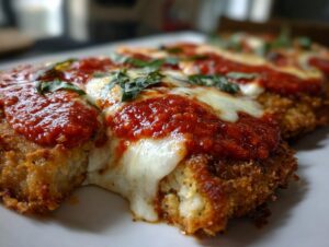 Close-up of crispy chicken parmesan recipe pieces topped with melted mozzarella, marinara sauce, and fresh basil.