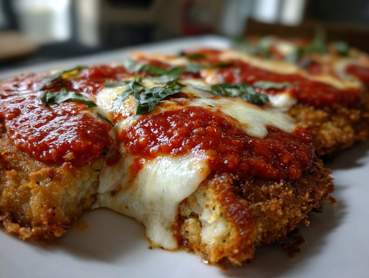 Close-up of crispy chicken parmesan recipe pieces topped with melted mozzarella, marinara sauce, and fresh basil.