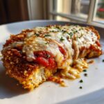 A close-up of a piece of golden brown, breaded chicken parmesan topped with melted mozzarella and marinara sauce.