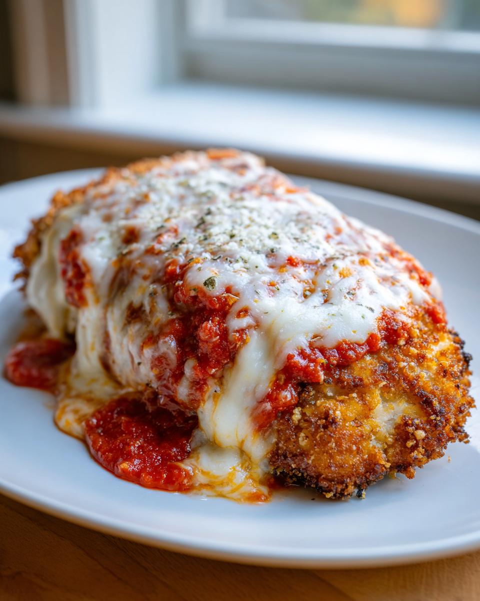 A close-up of a baked chicken parmesan recipe easy baked, topped with melted mozzarella and marinara sauce.