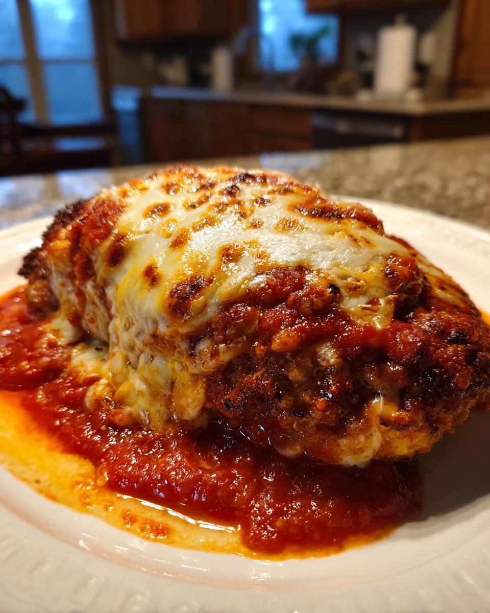 Close-up of a perfectly baked chicken parmesan recipe easy, smothered in marinara sauce and melted mozzarella cheese.
