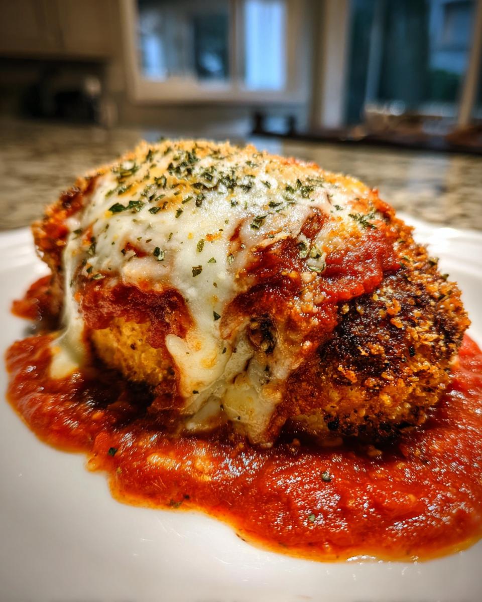 Close-up of a breaded chicken parmesan recipe easy serving, smothered in marinara sauce and melted mozzarella cheese.