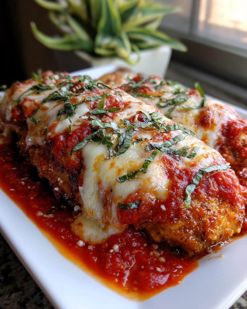 Close-up of two servings of chicken parmesan recipe easy, covered in melted mozzarella, marinara sauce, and fresh basil.