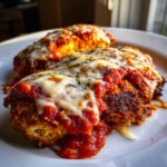 Two golden-brown cutlets covered in marinara sauce and melted mozzarella for the chicken parmesan recipe easy.