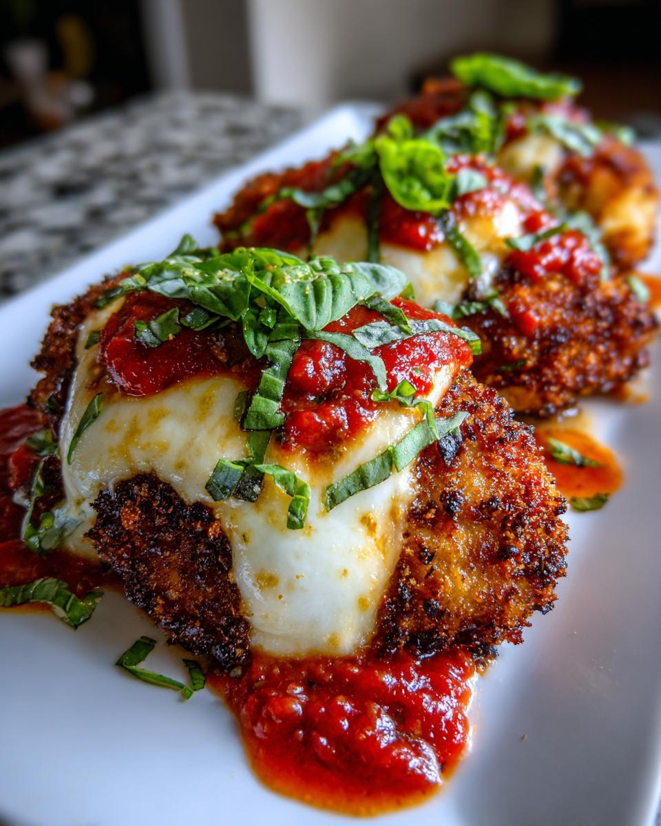 Close-up of three servings of chicken parmesan recipe, topped with melted mozzarella, marinara sauce, and fresh basil.