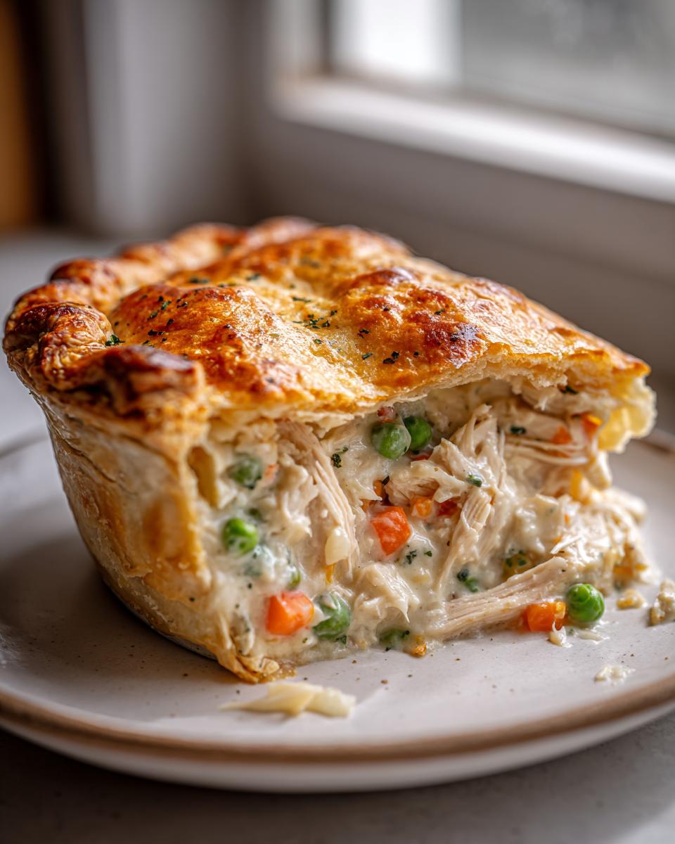 Close-up of a slice of chicken pot pie recipe showing flaky crust and creamy filling with shredded chicken, peas, and carrots.