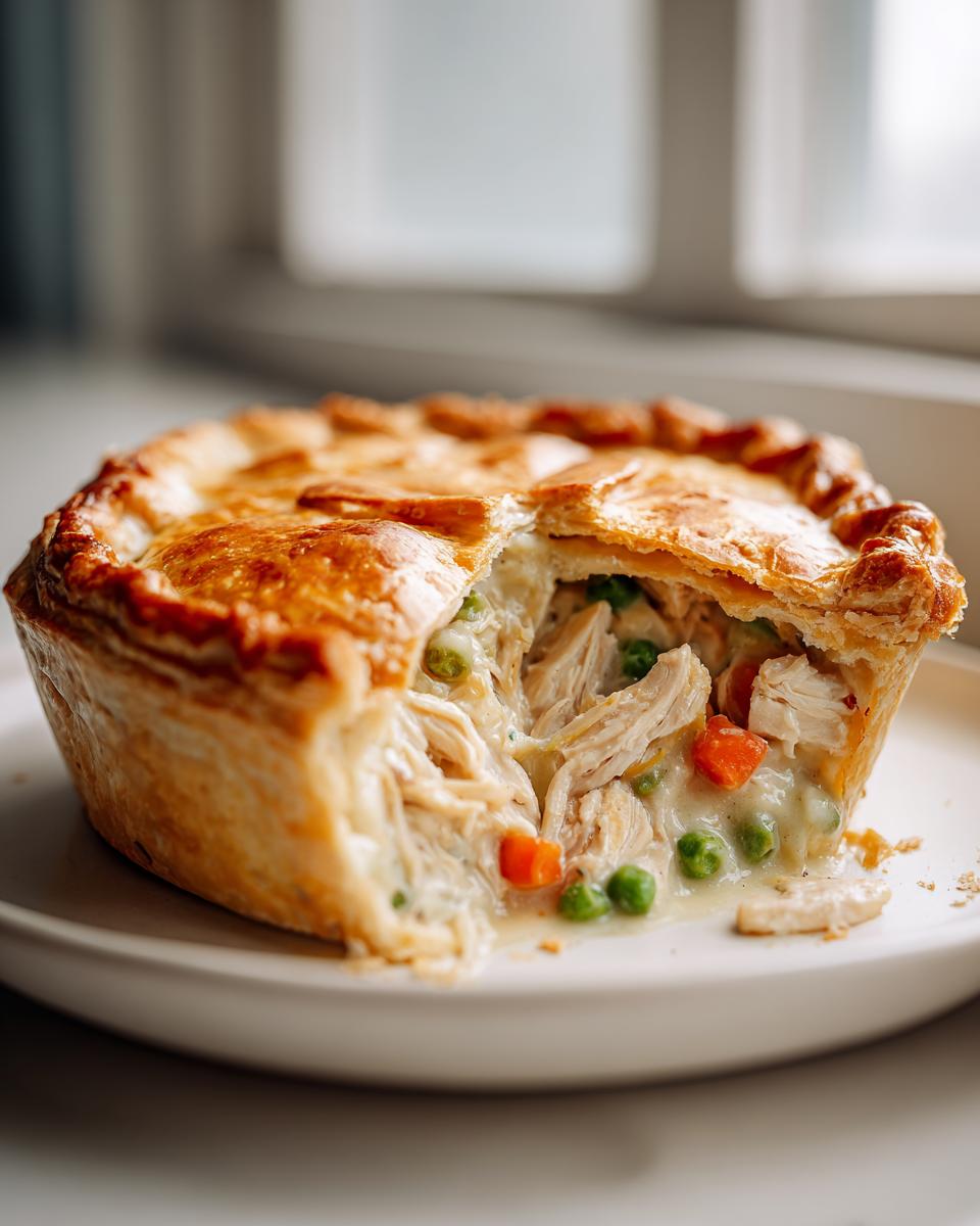 Close-up of a single-serving chicken pot pie recipe with a flaky crust broken open to show creamy filling, shredded chicken, peas, and carrots.