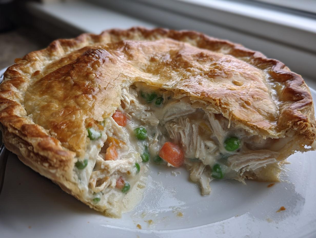 A close-up of a slice removed from a golden-crusted chicken pot pie recipe, showing creamy filling with shredded chicken, peas, and carrots.
