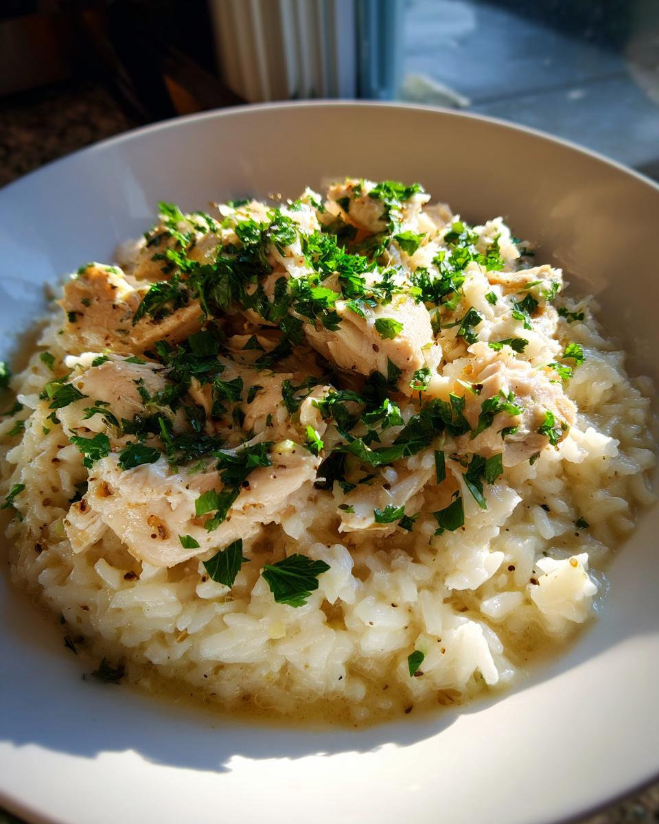 Close-up of shredded chicken scampi served over creamy garlic parmesan rice, topped with fresh parsley.