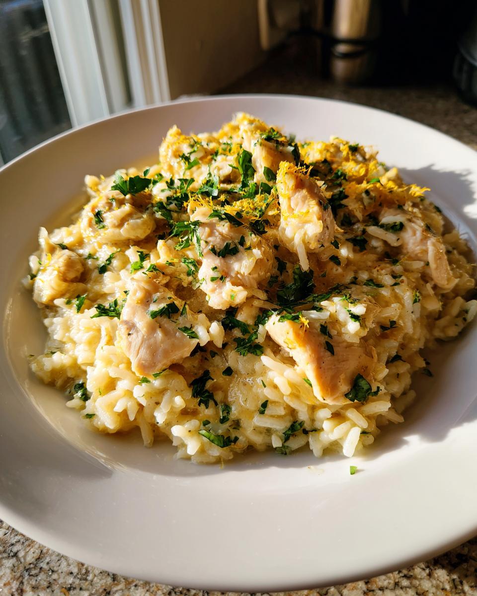 A close-up of chicken scampi with garlic parmesan rice, garnished with fresh parsley and lemon zest.
