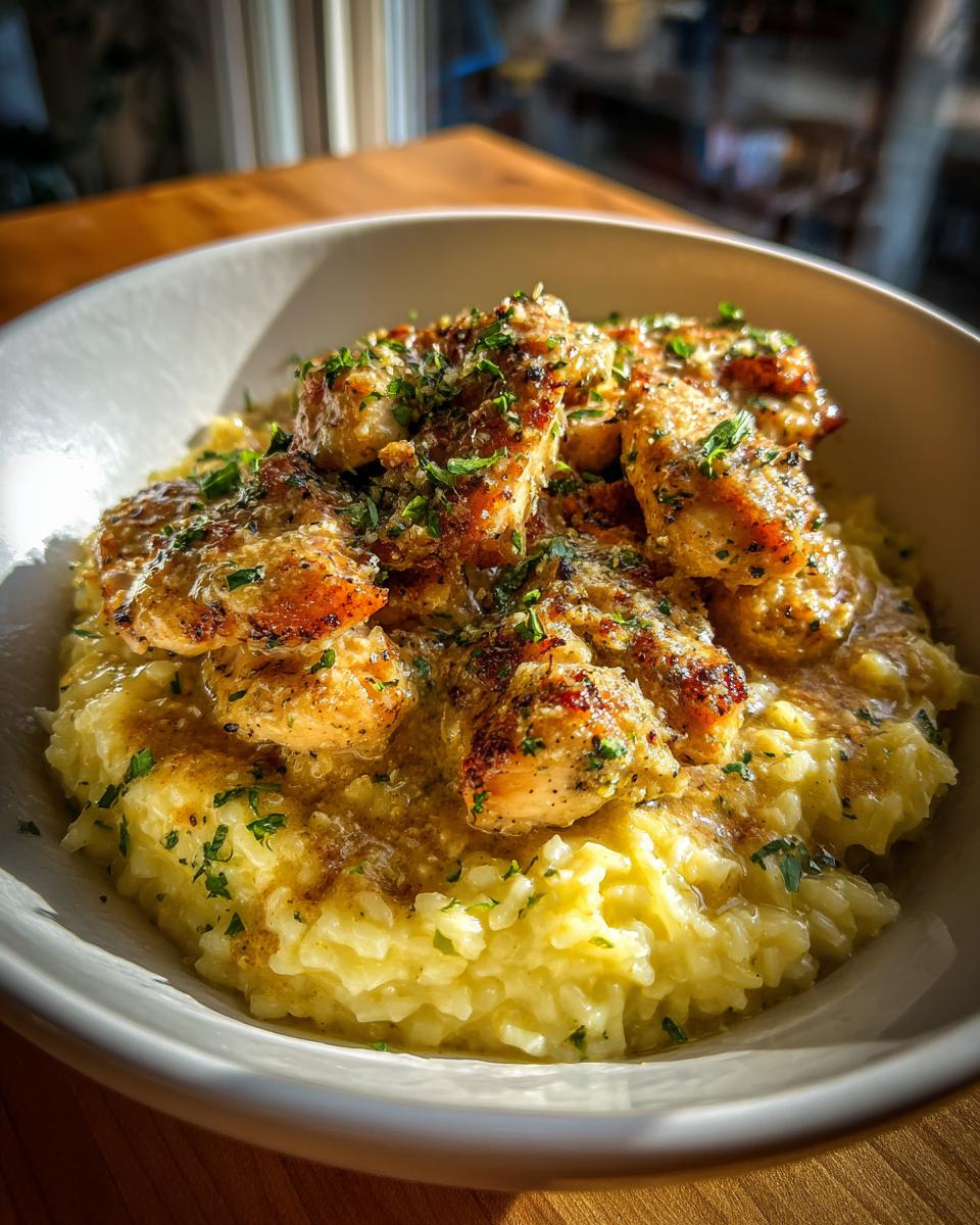 Close-up of seasoned chicken pieces served over creamy garlic parmesan rice, garnished with parsley.